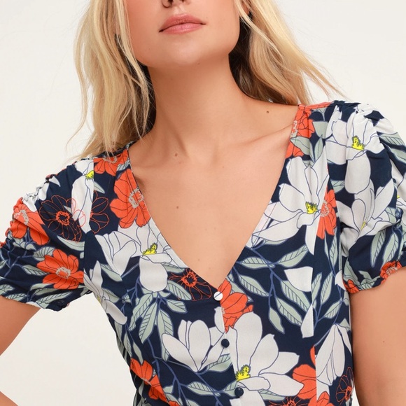 Lulus Pretty Poppies Navy Blue Floral Print Sheer Midi Dress EUC Size - S - Picture 5 of 13